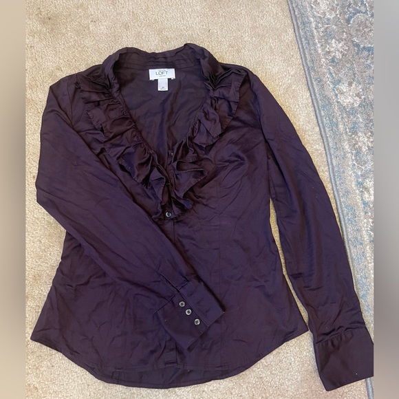 LOFT petite ruffle neck button up blouse - Picture 2 of 7